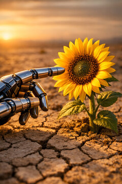 A robotic hand interacting with a single sunflower in a cracked desert