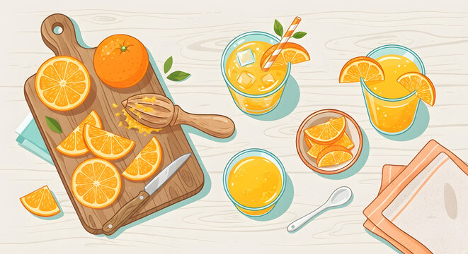 Fresh oranges and glasses of orange juice on a wooden board
