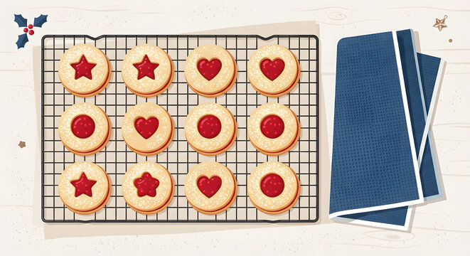 Linzer cookies on a cooling rack with a blue kitchen towel