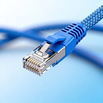 Close-up of a Blue Braided Ethernet Network Cable Connector