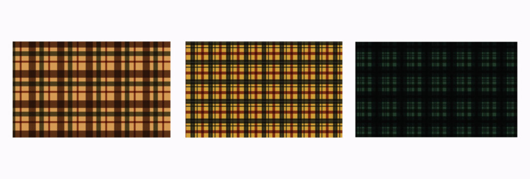 Tripartite plaid pattern collection featuring brown yellow and green textile designs for fabric surface printing.