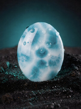 Polished blue larimar gemstone with water droplets on black volcanic sand