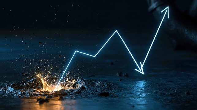 Neon light graph showing sharp decline and recovery, symbolizing financial market volatility and economic rebound