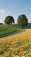 Fototapeta premium Scenic winding road through vibrant green fields and yellow wildflowers under a clear blue sky