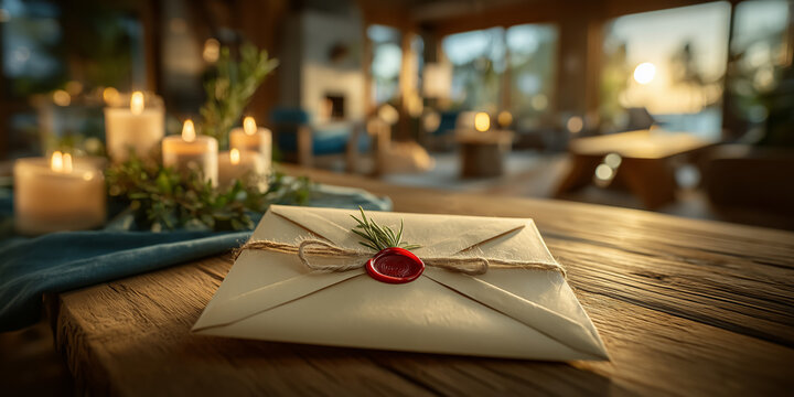 Wax sealed envelope with twine on a candlelit wooden table