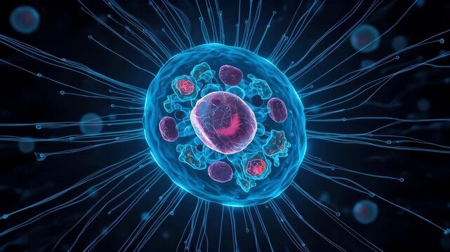 Blue Cell With Glowing Nucleus and Radiating Microscopic Fibers for Medical Biology Science