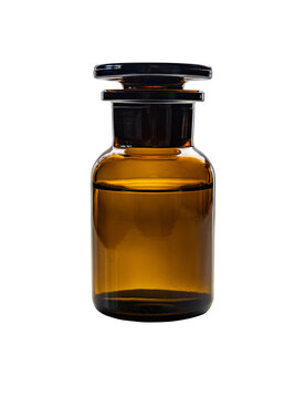 Amber glass apothecary bottle with liquid isolated on transparent background.