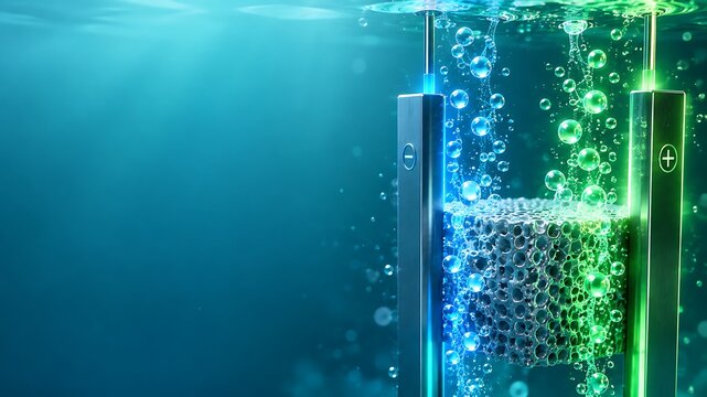Conceptual 3D render of green hydrogen electrolysis catalyst splitting water molecules with copy space for renewable energy