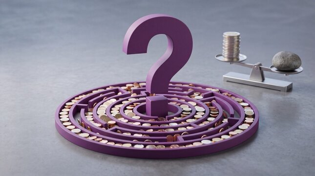 Large purple question mark atop a circular maze filled with golden coins, representing a difficult choice, puzzle, or financial dilemma, beside a balance scale with stacked coins and a stone