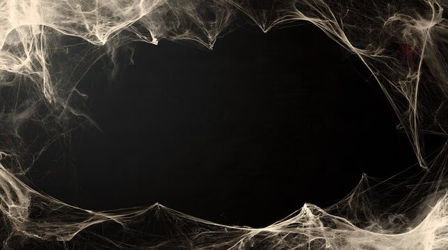Realistic white spider web border framing an empty black centre, dusty cobweb strands forming a spooky Halloween frame for invitation, card and banner design