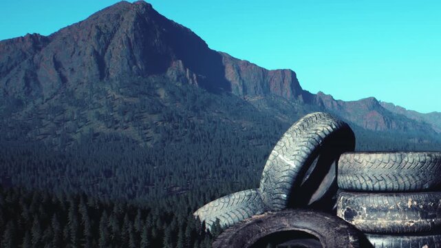 Multiple old rubber tires piled up in the foreground under bright daylight as a dense pine forest covers the slopes of large jagged mountains under a clear blue sky during the sunny daytime hours