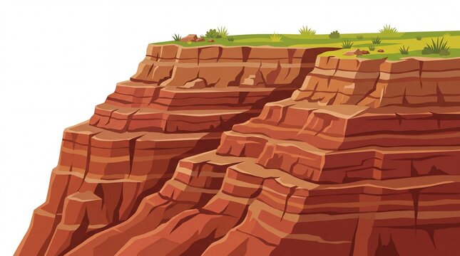 Layered canyon land clipart with rock cliff and grass on white