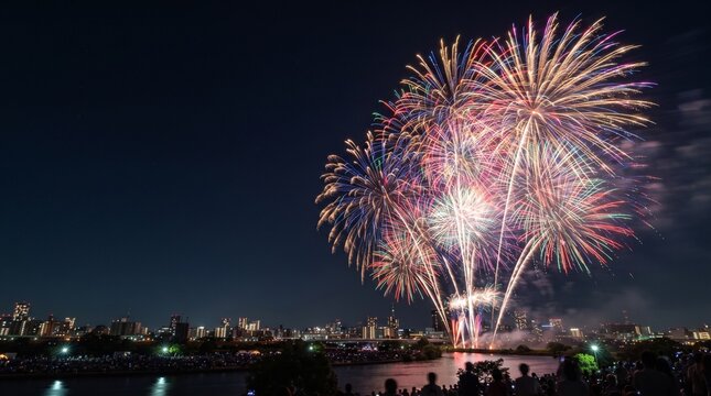 Fireworks Display Over Cityscape: A vibrant fireworks display illuminates the night sky above a sprawling cityscape, casting a colorful glow over the water and distant buildings.
