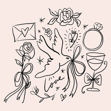Set of wedding elements in coquette handcrafted style. Doodle illustration, vintage elements includes bird, bow, ring, glass of beverage, lettering etc. 