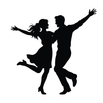 Silhouette of romantic couple dancing dynamically on a isolated white background. Expressive flat vector of man and woman in a dance pose for performance and celebration concepts.