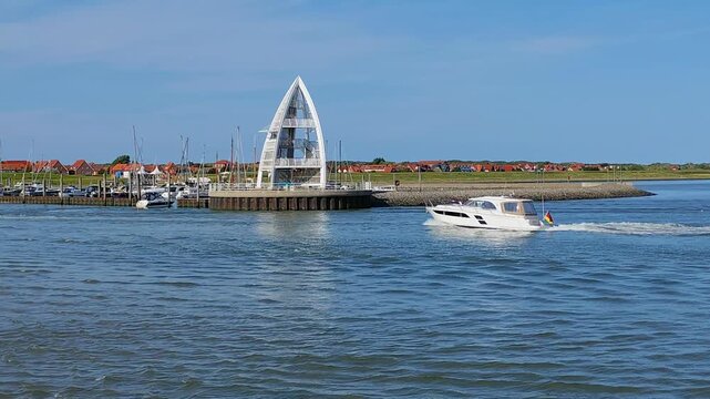 Yacht, waves, observation tower, landmark, island of Juist, East Frisian island, East Frisia, Lower Saxony, Germany