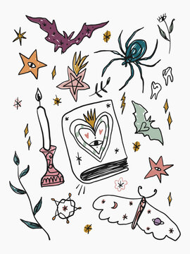 Cute Witchy Doodle Set Hand Drawn Magical Elements with Spell Book, Candle, Bats, Spider, Stars, Moth and Mystical Symbols on Light Background