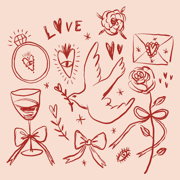 Set of wedding elements in coquette handcrafted style. Doodle illustration, vintage elements includes bird, bow, ring, glass of beverage, lettering etc. 