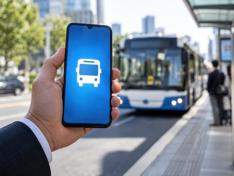 A person holds a smartphone displaying a bus icon while waiting for a vehicle at a city transit stop.