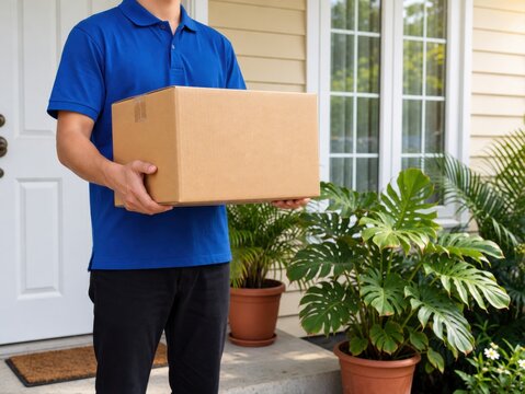 A delivery person stands in front of a residential door, holding a plain brown shipping box.