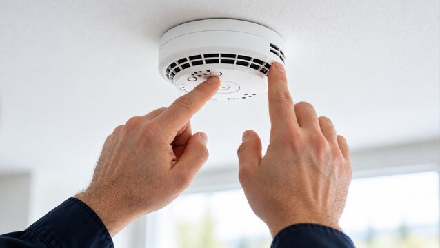 A technician performing a maintenance check on a ceiling-mounted smoke detector unit indoors.