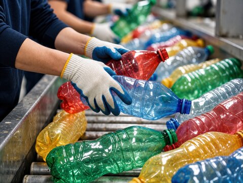 Worker hands in gloves sorting colorful plastic bottles on an industrial production conveyor belt.