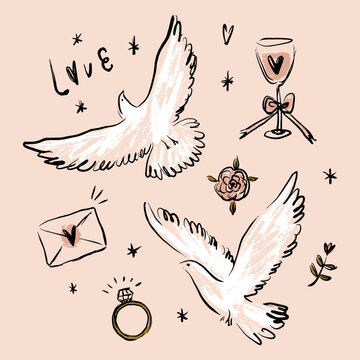 Set of wedding elements in coquette handcrafted style. Doodle illustration, vintage elements includes birds, bow, ring, glass of beverage, lettering etc. 