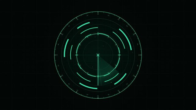 Futuristic radar user interface displaying rotating sweep line for target detection and tracking.