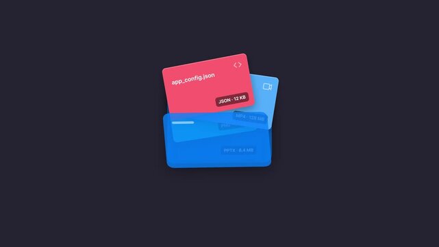 Digital folder animation opening to reveal colorful file icons for data management and storage.