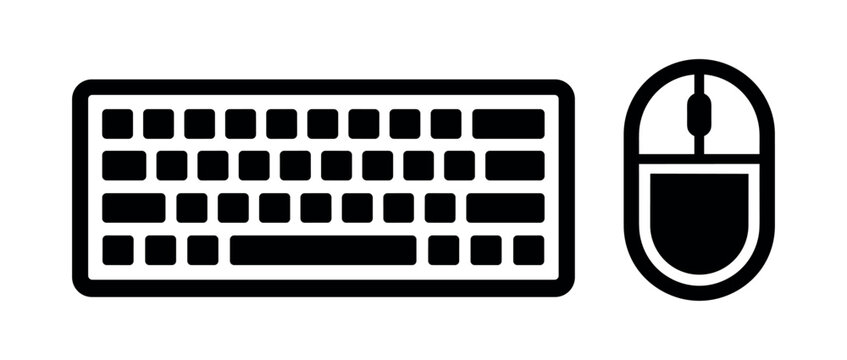 Black and white icon set featuring a rectangular computer keyboard and a rounded scroll wheel computer mouse