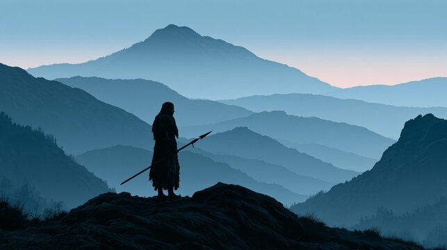 female warrior silhouette holding spear above misty mountain ranges