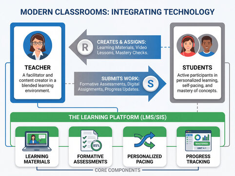 Modern Classroom Technology Infographic Featuring Teachers, Students, LMS, Assessment and Personalized Learning
