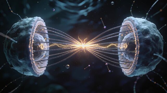 Knot brightening sparking neuron-like terminals sending signal in cell fluid with filament beads