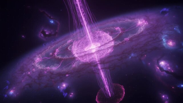 Brightening core and torus launching filaments along magenta jet, forming glowing knots in space
