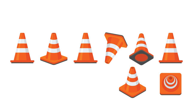 Orange and White Traffic Cone Icon Set Isolated on White Background. Flat Vector Illustration for Road Safety and Construction.