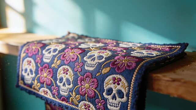 Pulling back lens showing rolled skull-and-flower trim unrolling on worn shelf, dust motes floating
