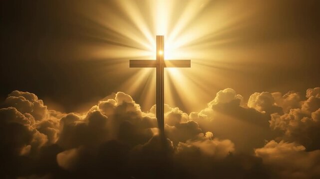 Wooden Cross Above Clouds with Radiant Golden Light, Christian Symbol of Hope and Faith