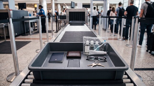 Airport security checkpoint with personal items in a plastic tray