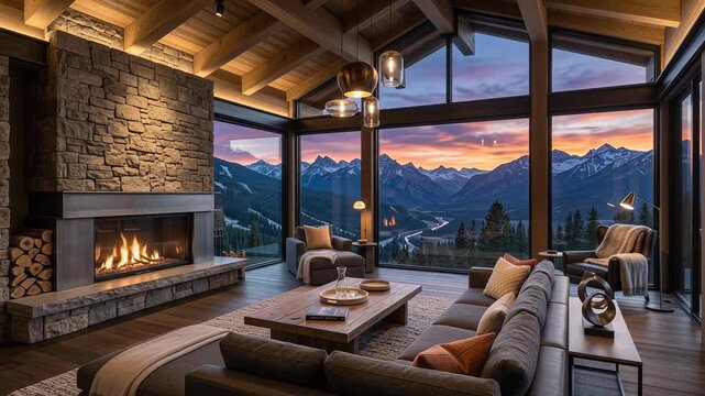 Luxury mountain lodge living room with stone fireplace, leather sofa and panoramic alpine sunset windows. Cozy rustic interior concept for relaxation, comfort and nature retreat