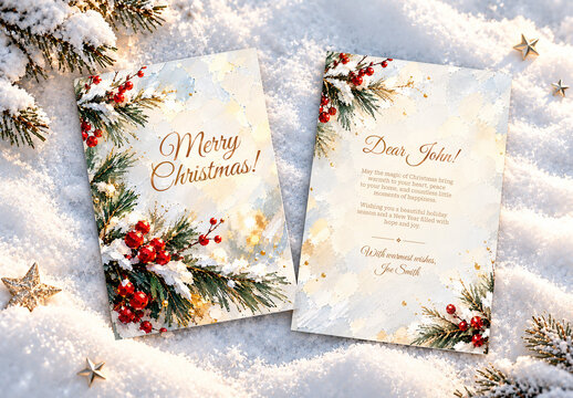 Elegant A5 Double Sided Christmas Greeting Card Template with Watercolor Pine Branches Red Berries Golden Accents and Calligraphy