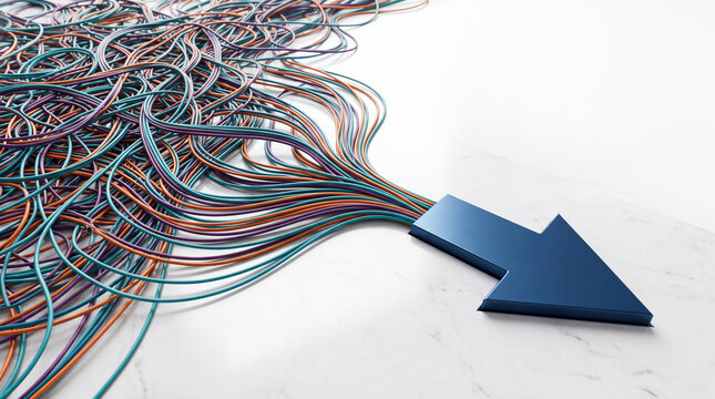 Flowing colorful abstract strands converging into a directional blue arrow, representing data flow, complexity to simplicity, network convergence, and organized strategy.