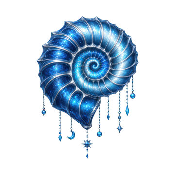 PNG Mystical blue seashell with celestial decorations, transparent background