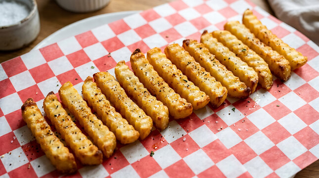 A line-up of golden-brown garlic bread sticks served on a red and white checkered paper liner.