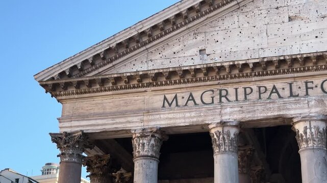 Large carved Latin lettering of the Agrippa dedication on the Pantheon pediment, Rome, Italy