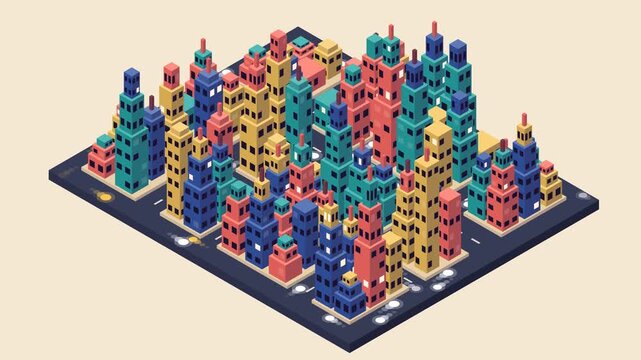 Isometric 3D City Buildings Growing on Street Grid Map, Urban Development Animation Isolated on Solid Background