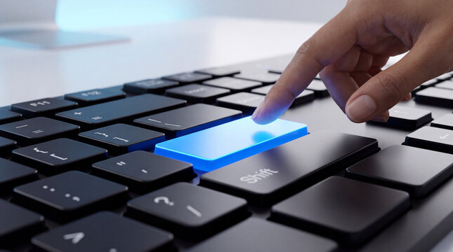 Fingertip pressing glowing blue enter key on a black keyboard, digital data entry or selection concept, technology interaction