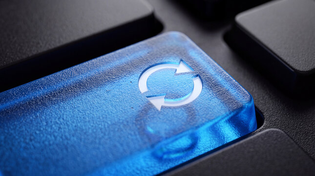 Computer keyboard with a glowing blue refresh or reload button key, closeup shot, technology and digital concept