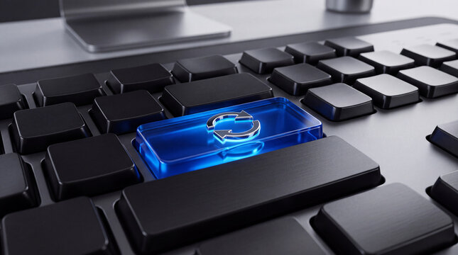 Close-up of a glowing blue illuminated enter key on a black keyboard, representing technology and digital input, futuristic concept