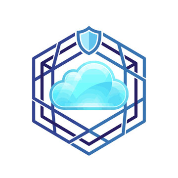 Secure Cloud Computing Technology Icon with Shield and Hexagon Frame