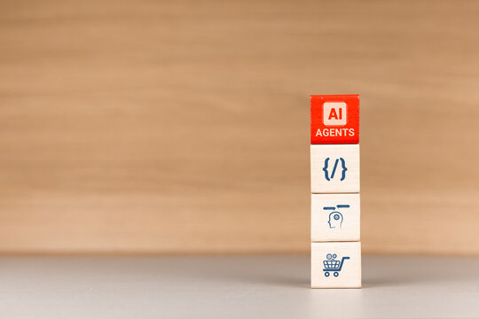 Stacked wooden blocks featuring business and technology icons. Concept of AI agents, task automation, digital transformation, and business innovation. Isolated.